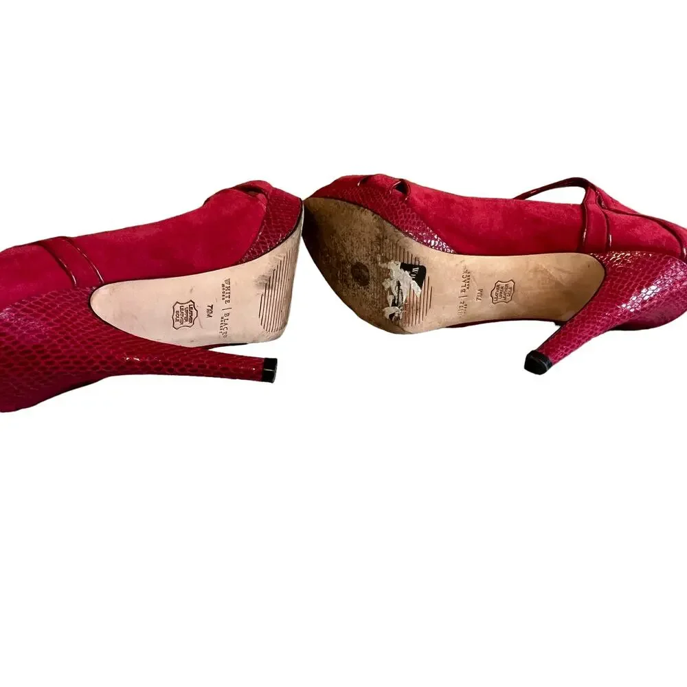 White House Black Market WHBM Red Suede Platform Open Toe Heels 7.5